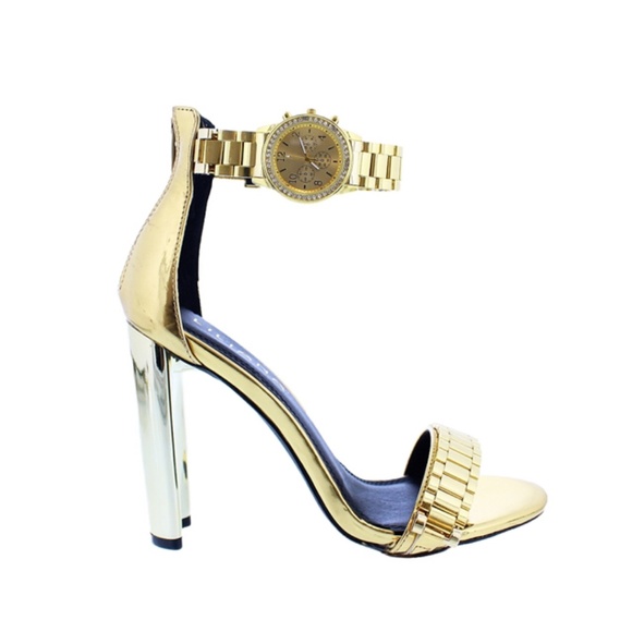 Shotclock Gold Metallic Watch Ankle Strap Heels - Picture 3 of 4